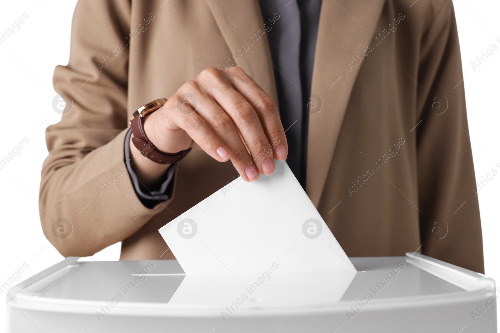 Photo of Woman putting her vote into ballot box against white background, closeup