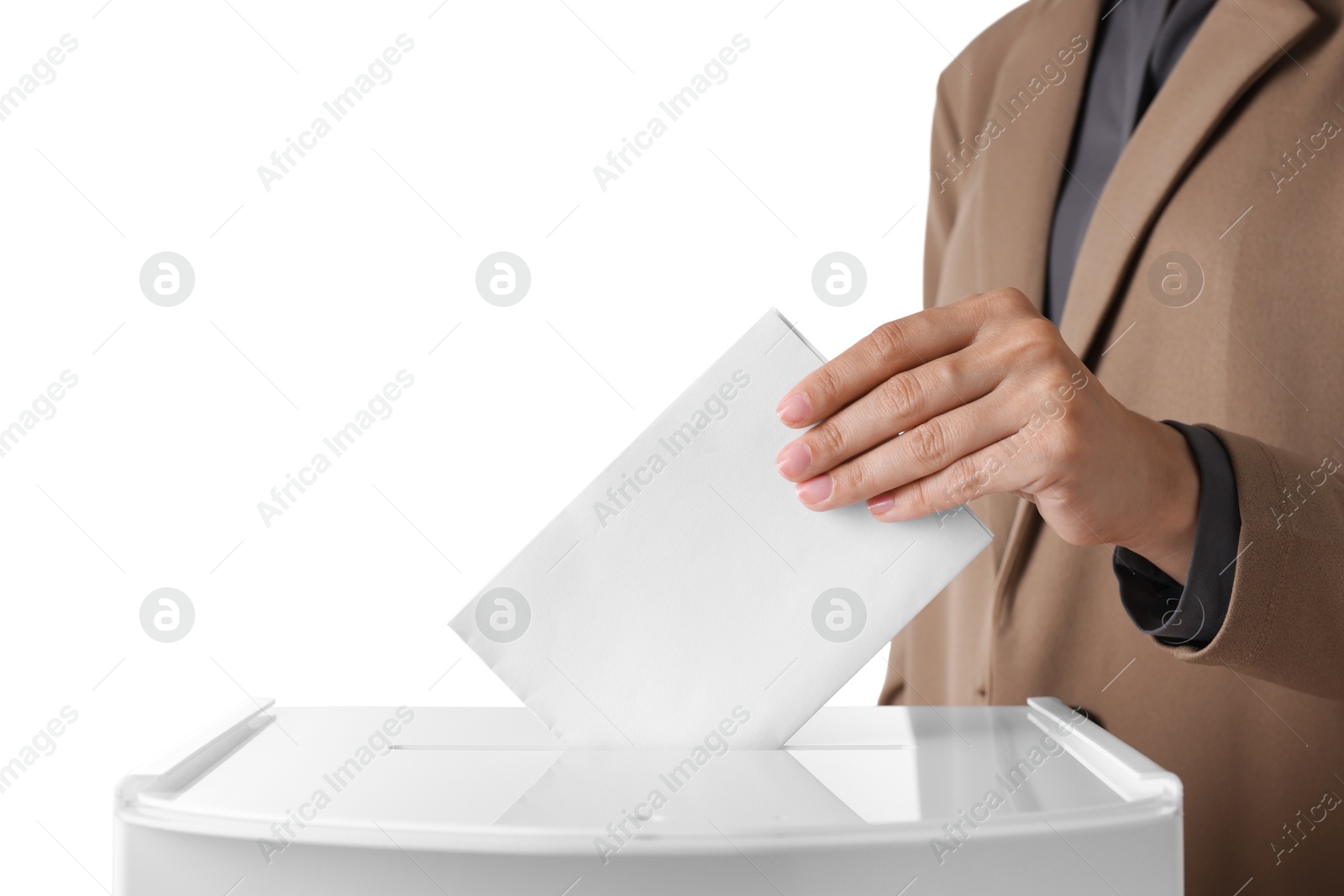 Photo of Woman putting her vote into ballot box against white background, closeup