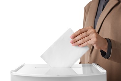 Photo of Woman putting her vote into ballot box against white background, closeup