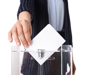 Photo of Woman putting her vote into ballot box against white background, closeup