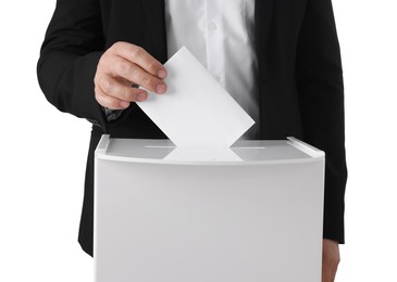 Man putting his vote into ballot box against white background, closeup