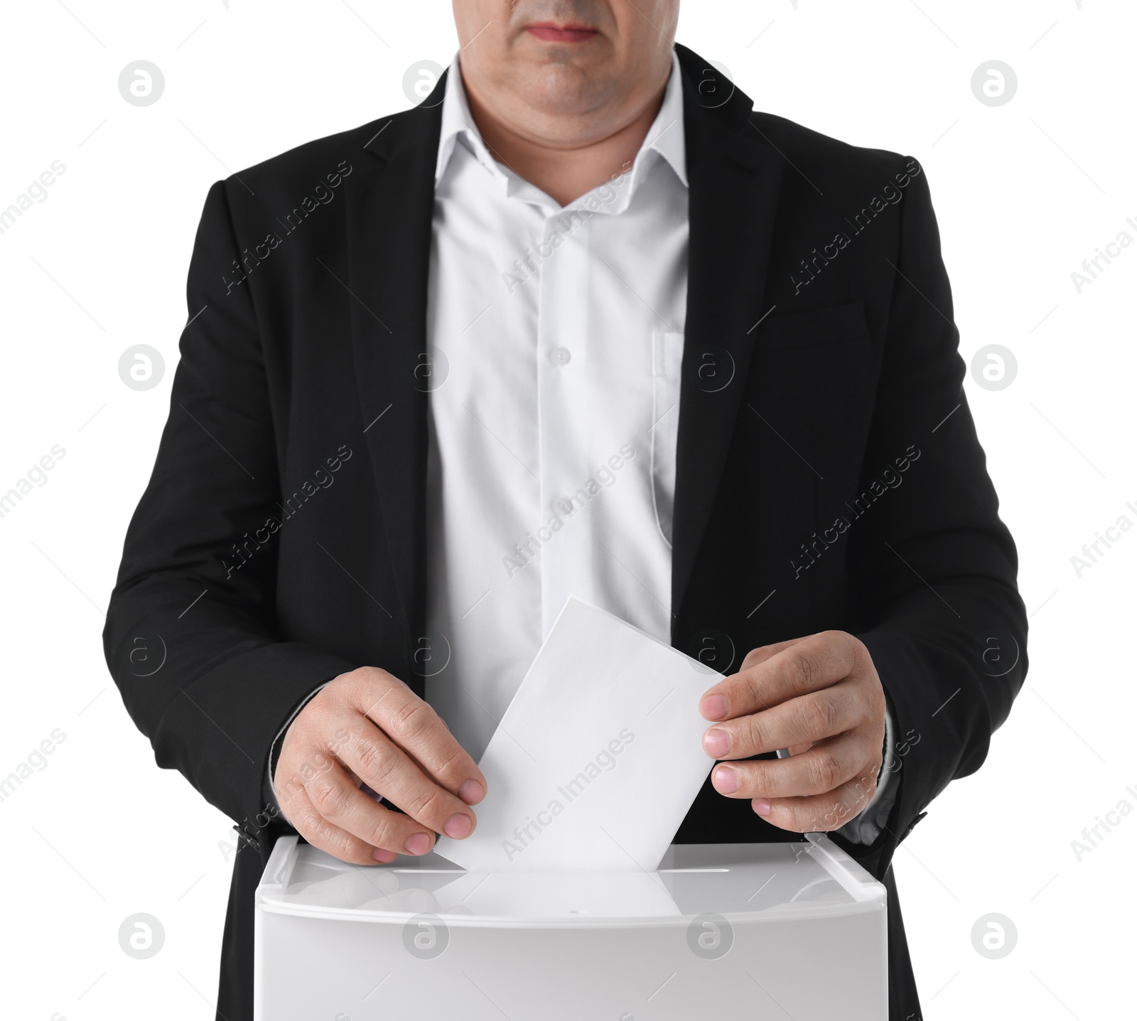 Photo of Man putting his vote into ballot box against white background, closeup