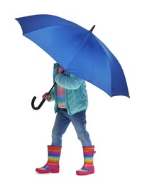 Photo of Little girl with blue umbrella on white background