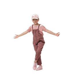 Photo of Cute little girl dancing on white background