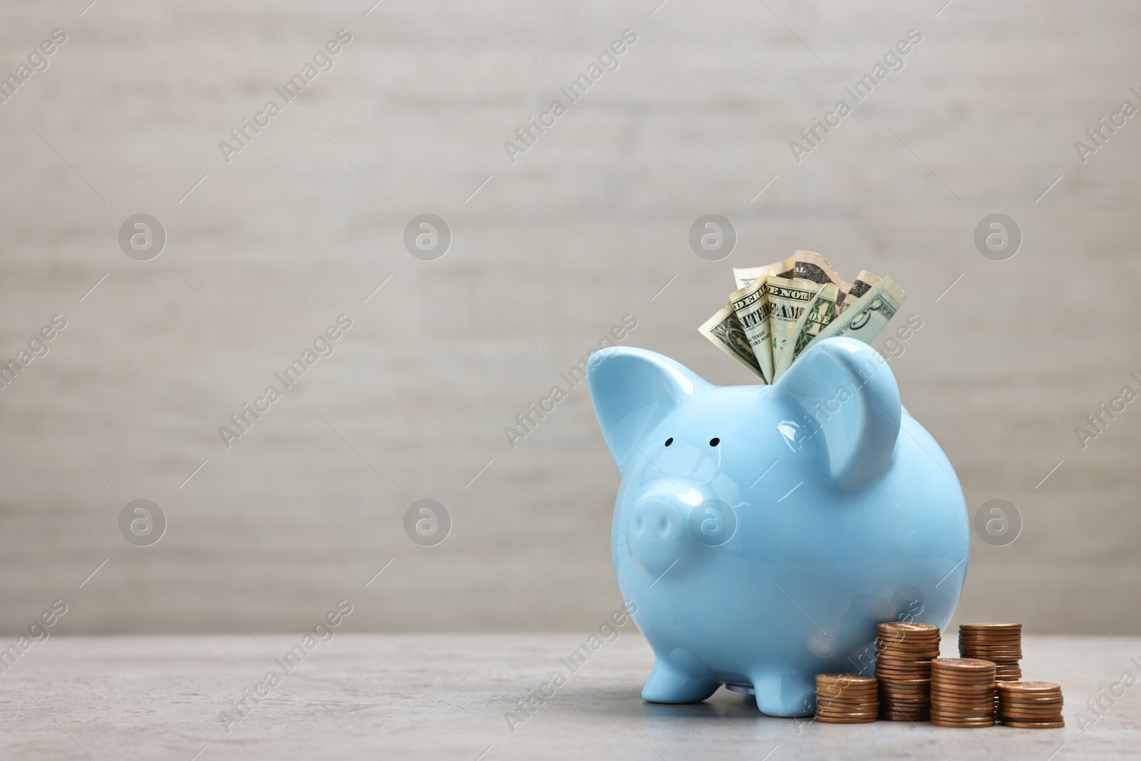 Photo of Light blue piggy bank with dollar banknotes and stacks of coins on grey table, space for text