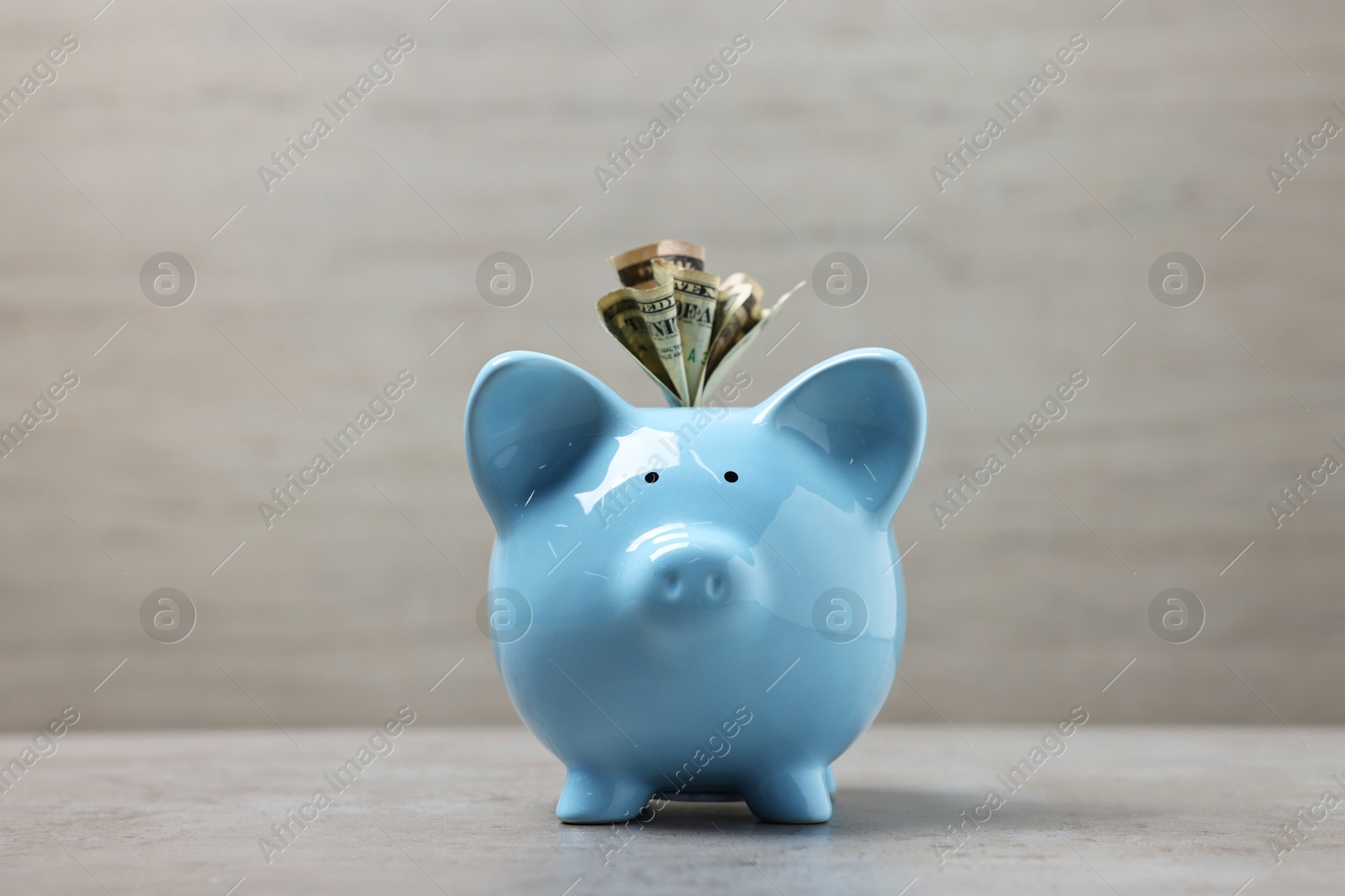 Photo of Light blue piggy bank with dollar banknotes on grey table