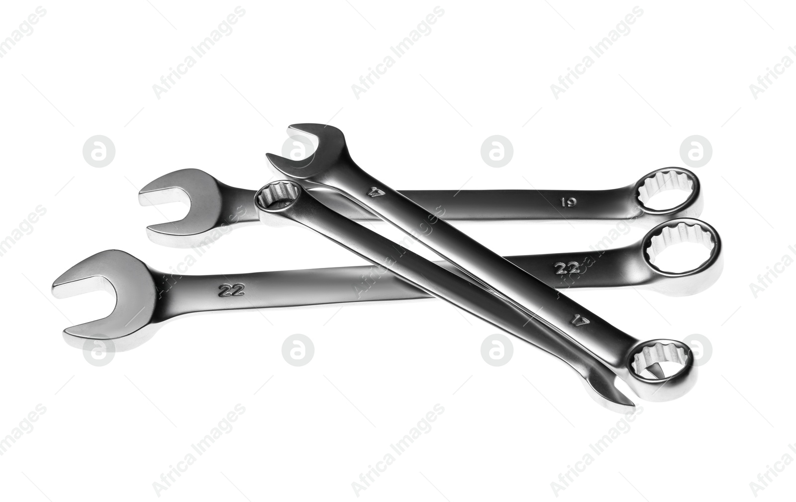 Photo of Set of ratcheting wrenches isolated on white. Auto mechanic tools