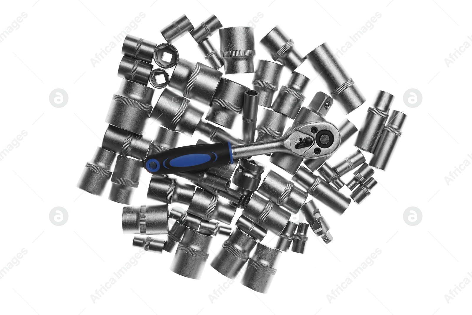 Photo of Pile of spark plug sockets and torque wrench on white background, top view. Auto mechanic tools