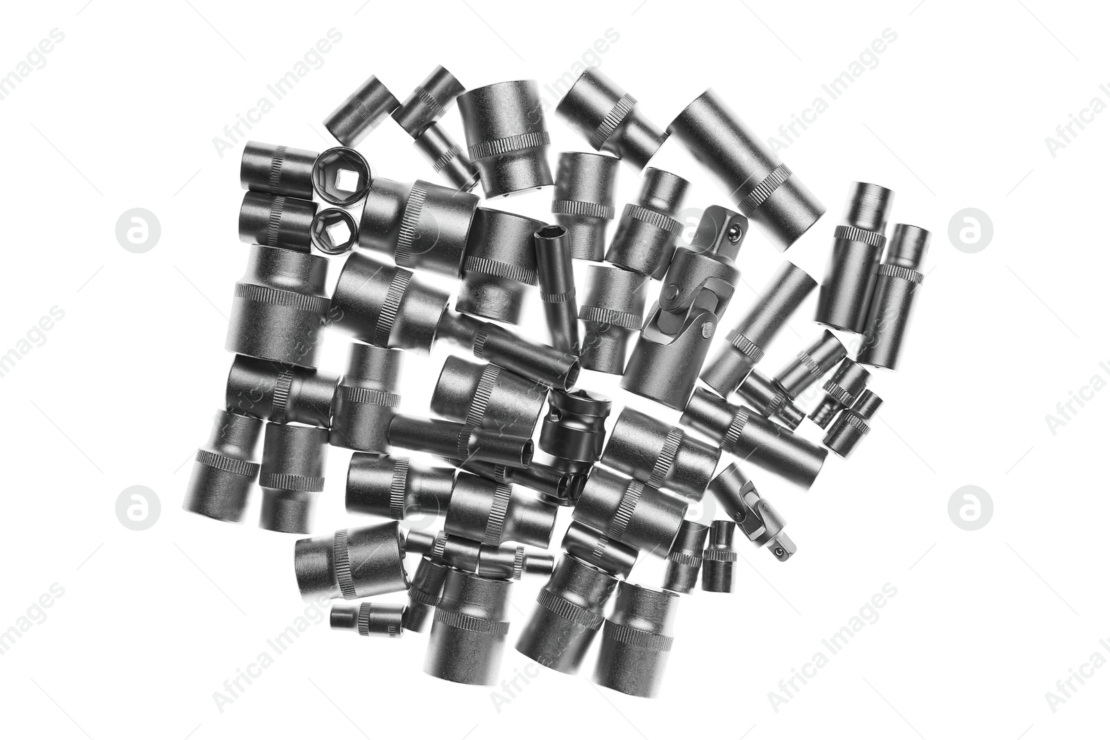 Photo of Pile of spark plug sockets on white background, top view. Auto mechanic tools