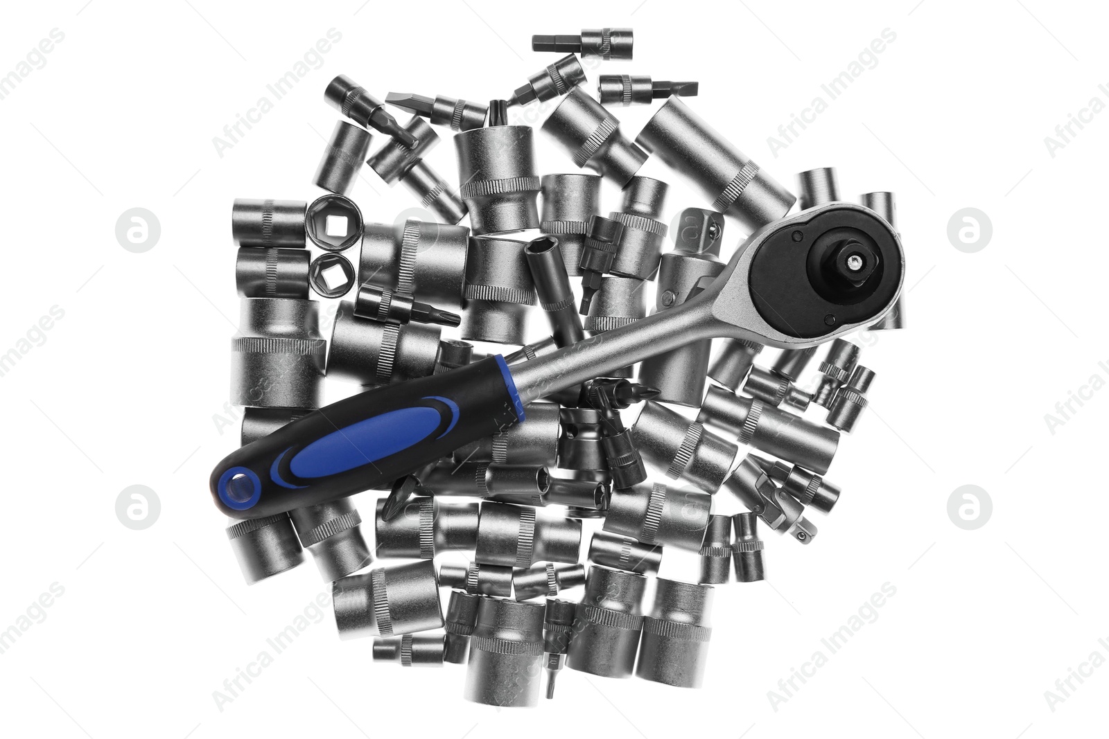 Photo of Pile of spark plug sockets and torque wrench on white background, top view. Auto mechanic tools