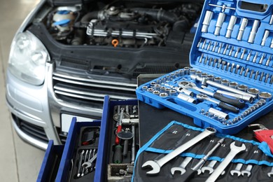 Set of different auto mechanic's tools indoors