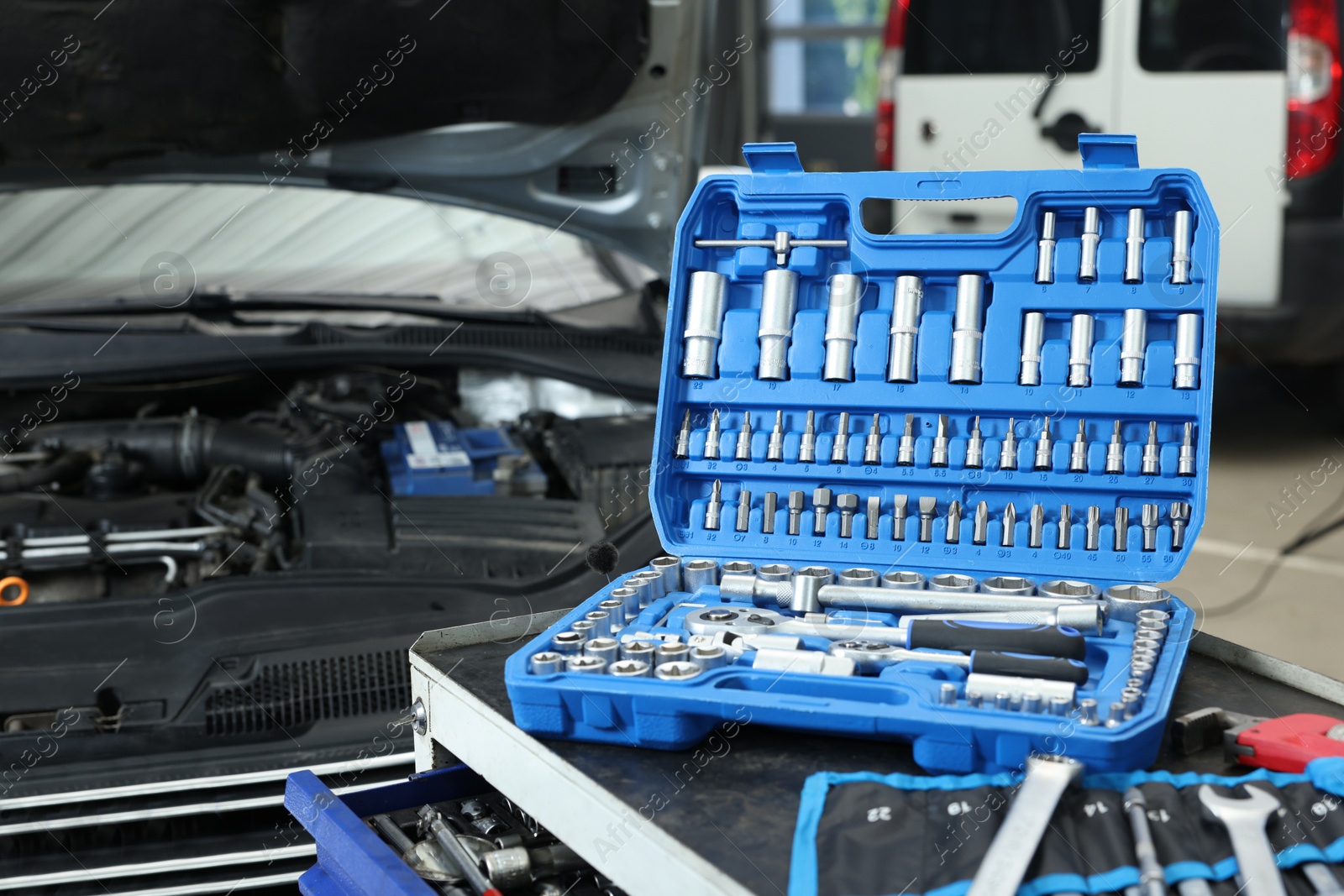 Photo of Set of different auto mechanic's tools indoors