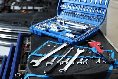 Set of different auto mechanic's tools indoors