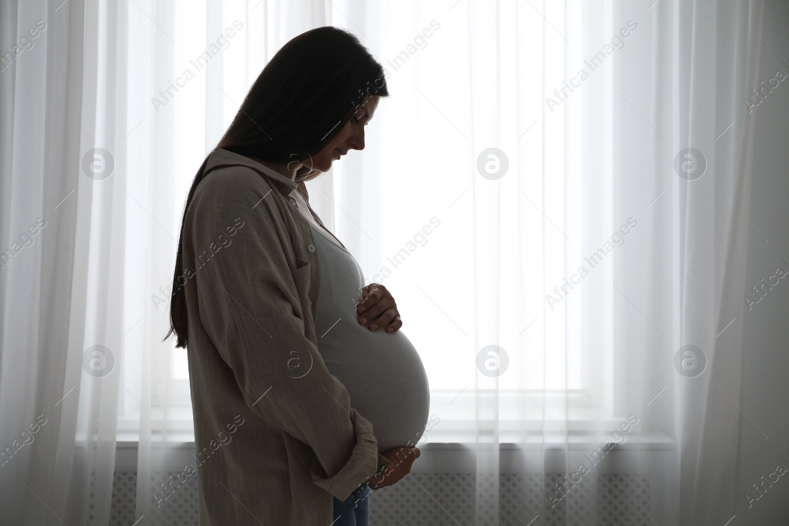 Photo of Beautiful pregnant woman at home, space for text