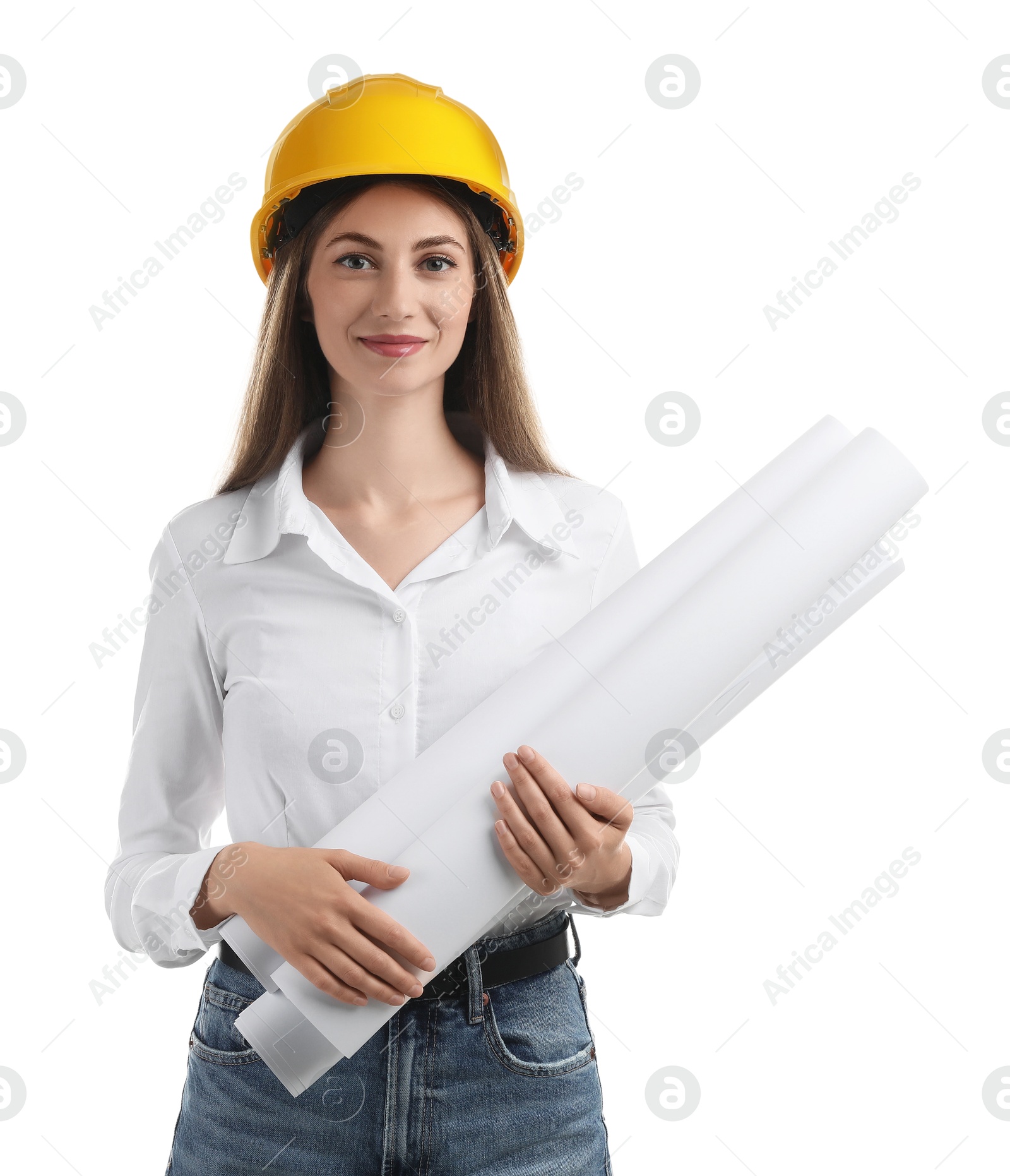 Photo of Engineer in hard hat with drafts on white background