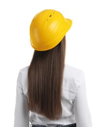 Photo of Engineer in hard hat on white background, back view