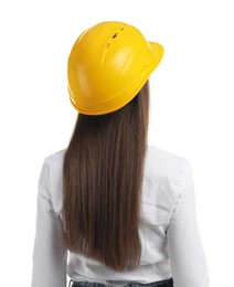 Engineer in hard hat on white background, back view