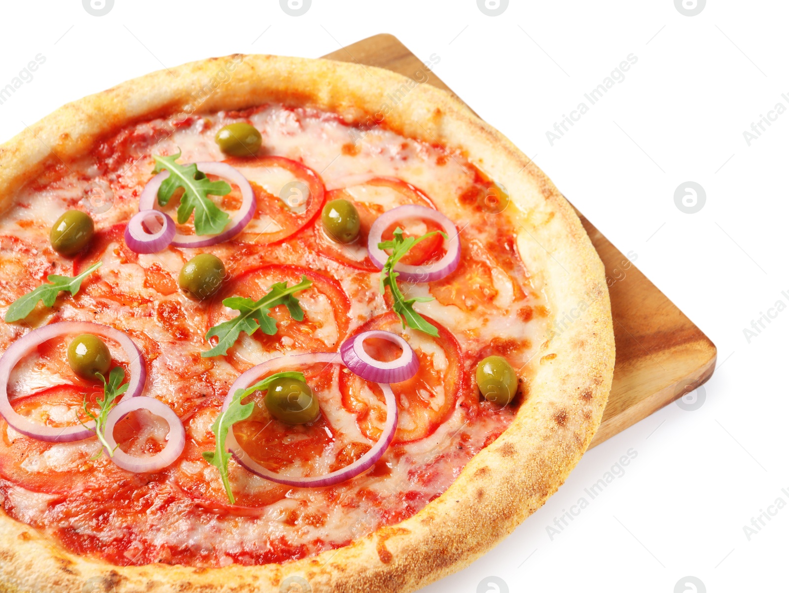 Photo of Delicious vegetarian pizza with fresh arugula isolated on white