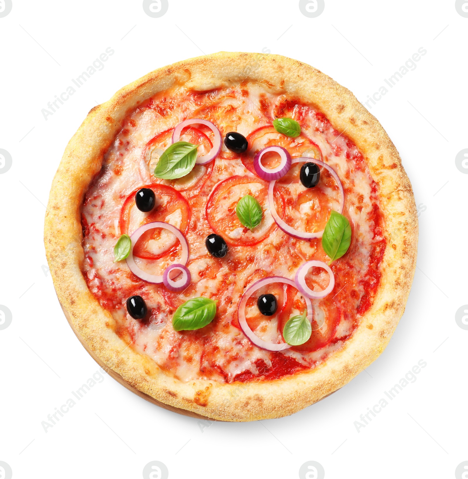 Photo of Delicious vegetarian pizza isolated on white, top view