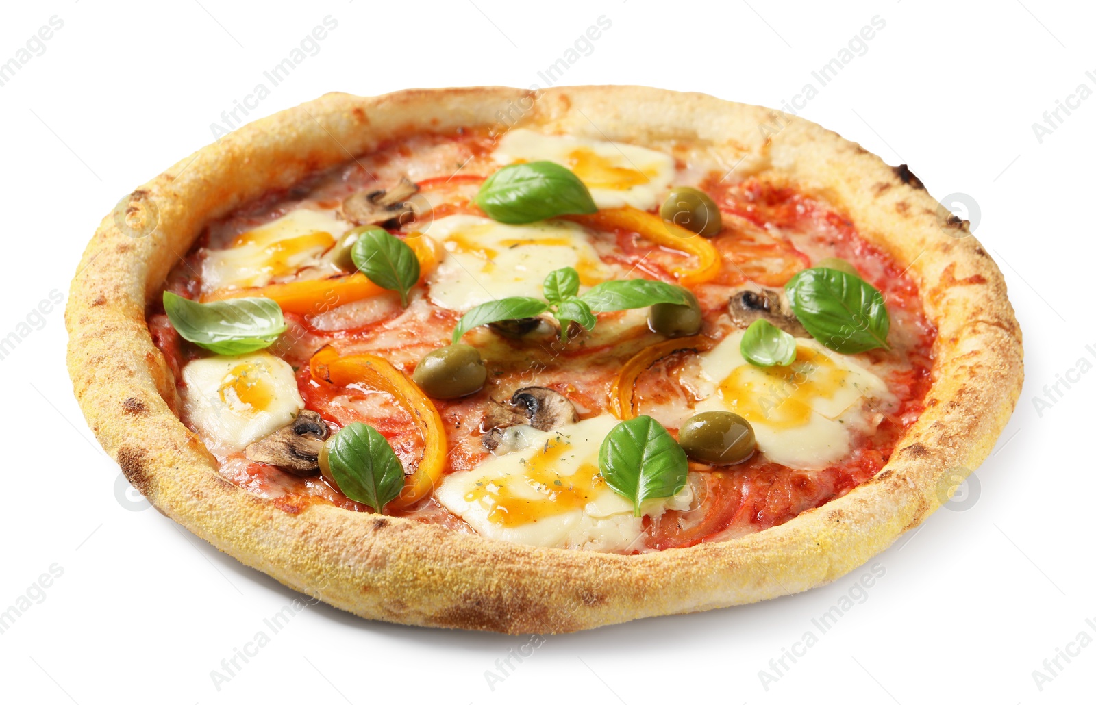 Photo of Delicious vegetarian pizza with fresh basil isolated on white