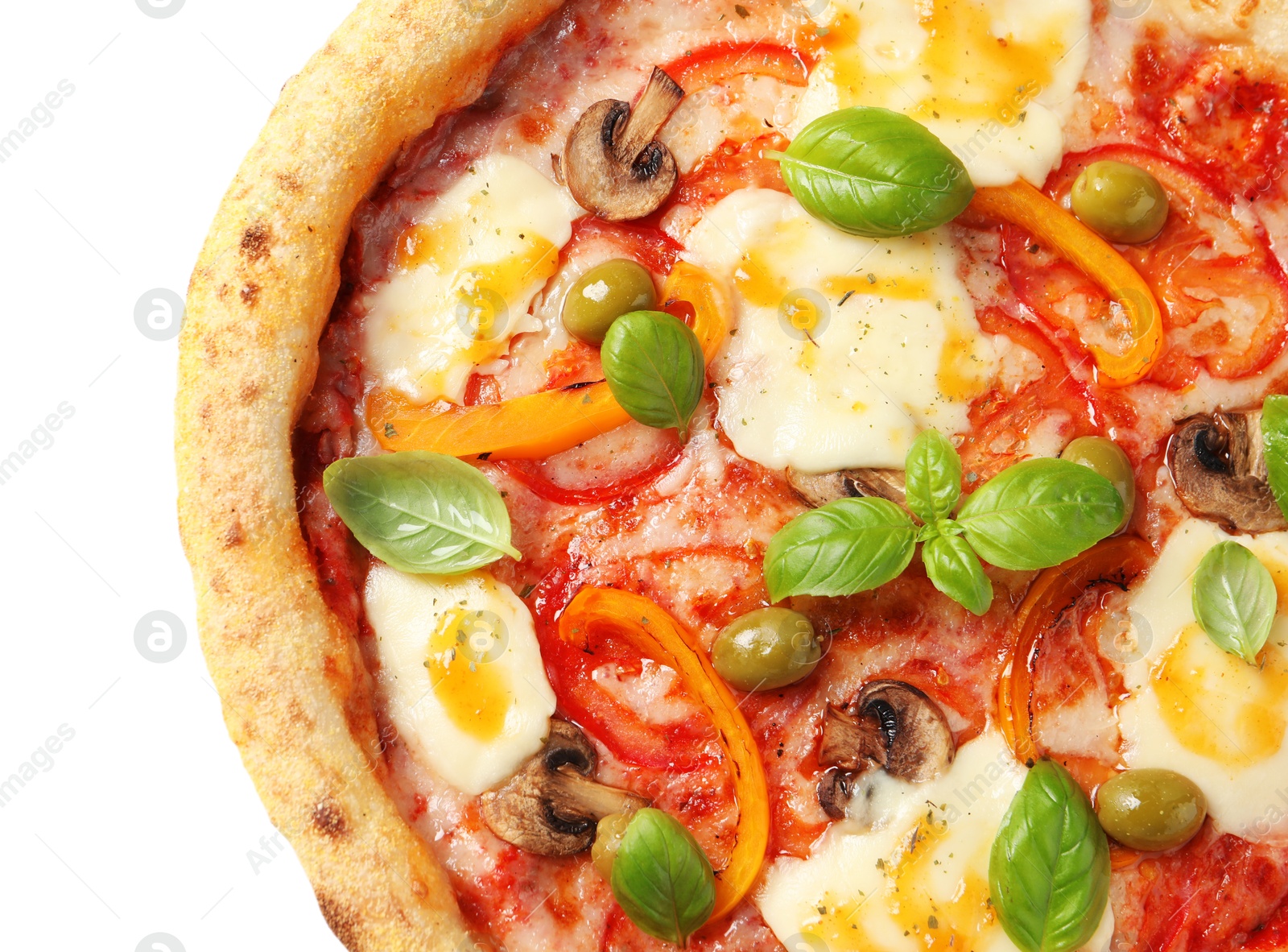 Photo of Delicious vegetarian pizza isolated on white, top view