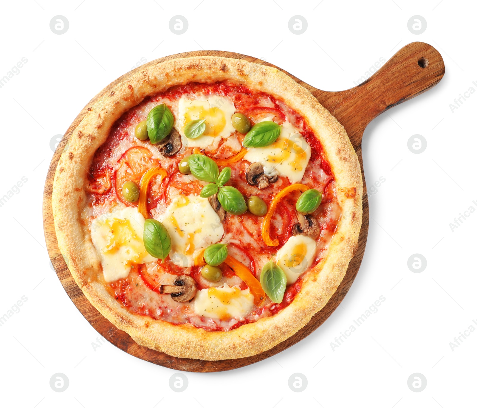 Photo of Delicious vegetarian pizza isolated on white, top view