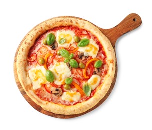 Photo of Delicious vegetarian pizza isolated on white, top view