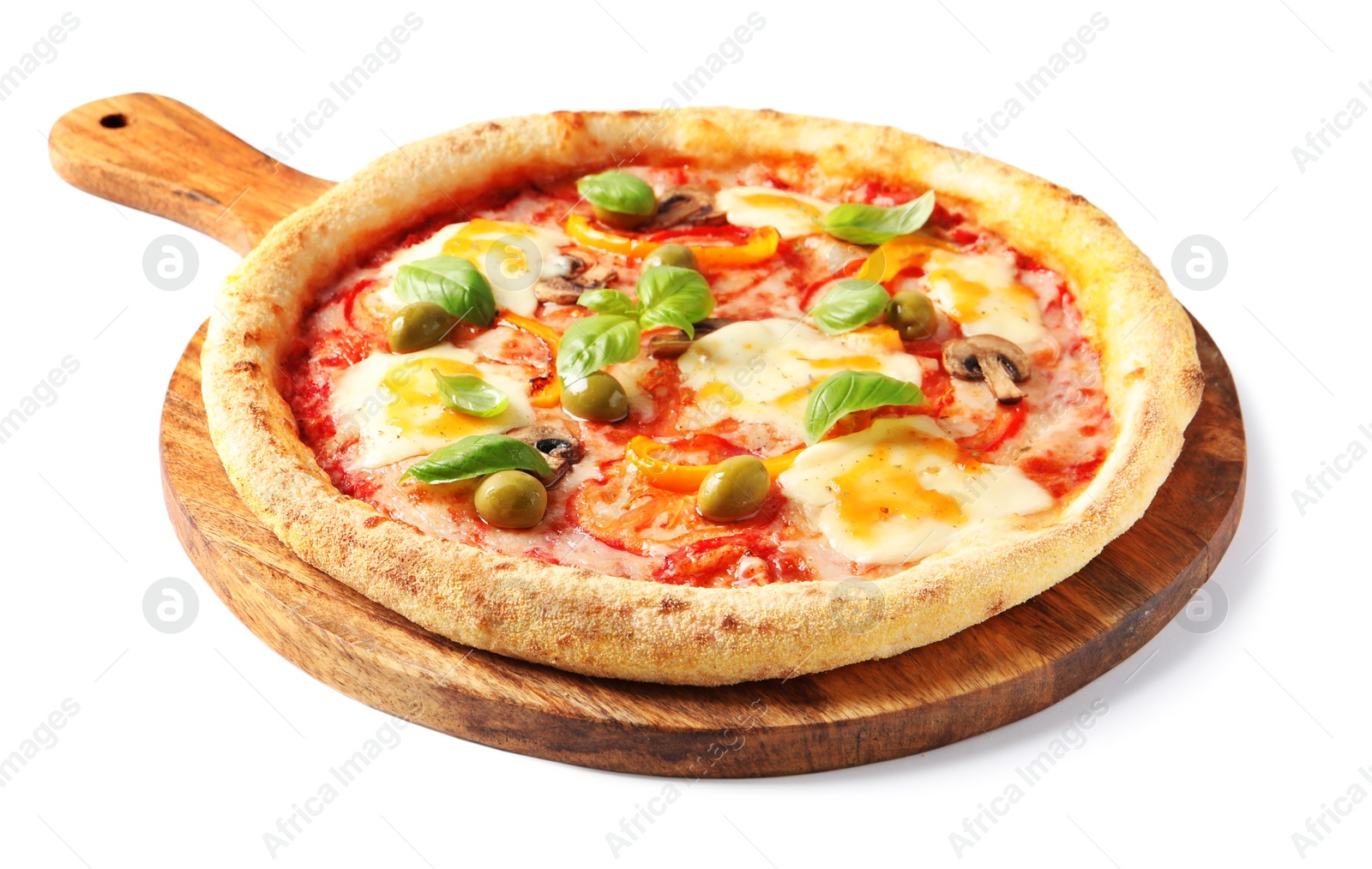 Photo of Delicious vegetarian pizza with fresh basil isolated on white