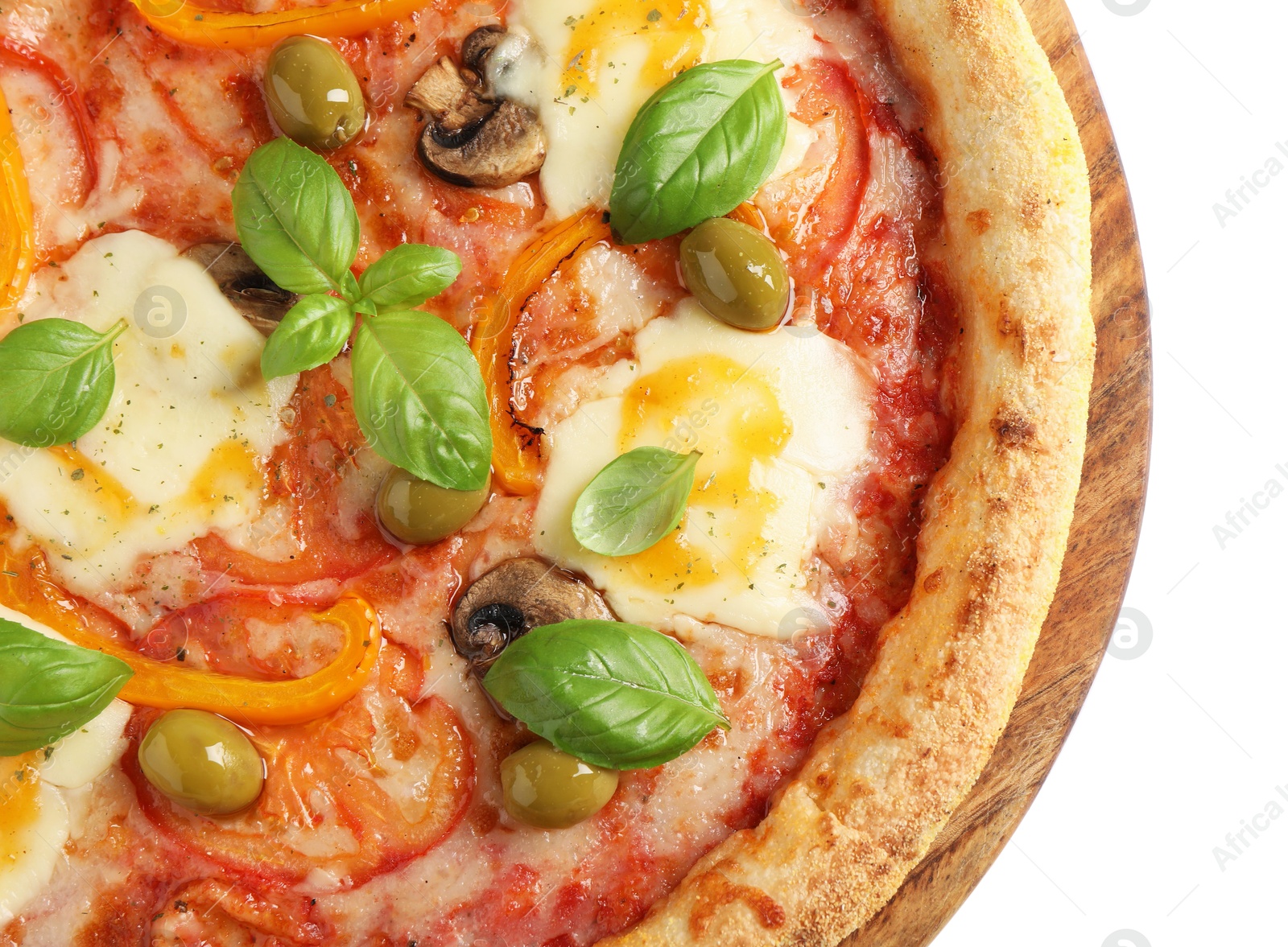 Photo of Delicious vegetarian pizza isolated on white, top view