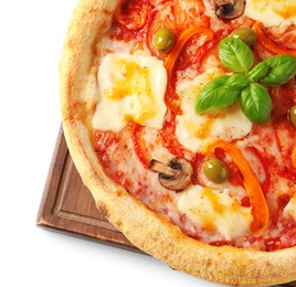 Photo of Delicious vegetarian pizza isolated on white, top view