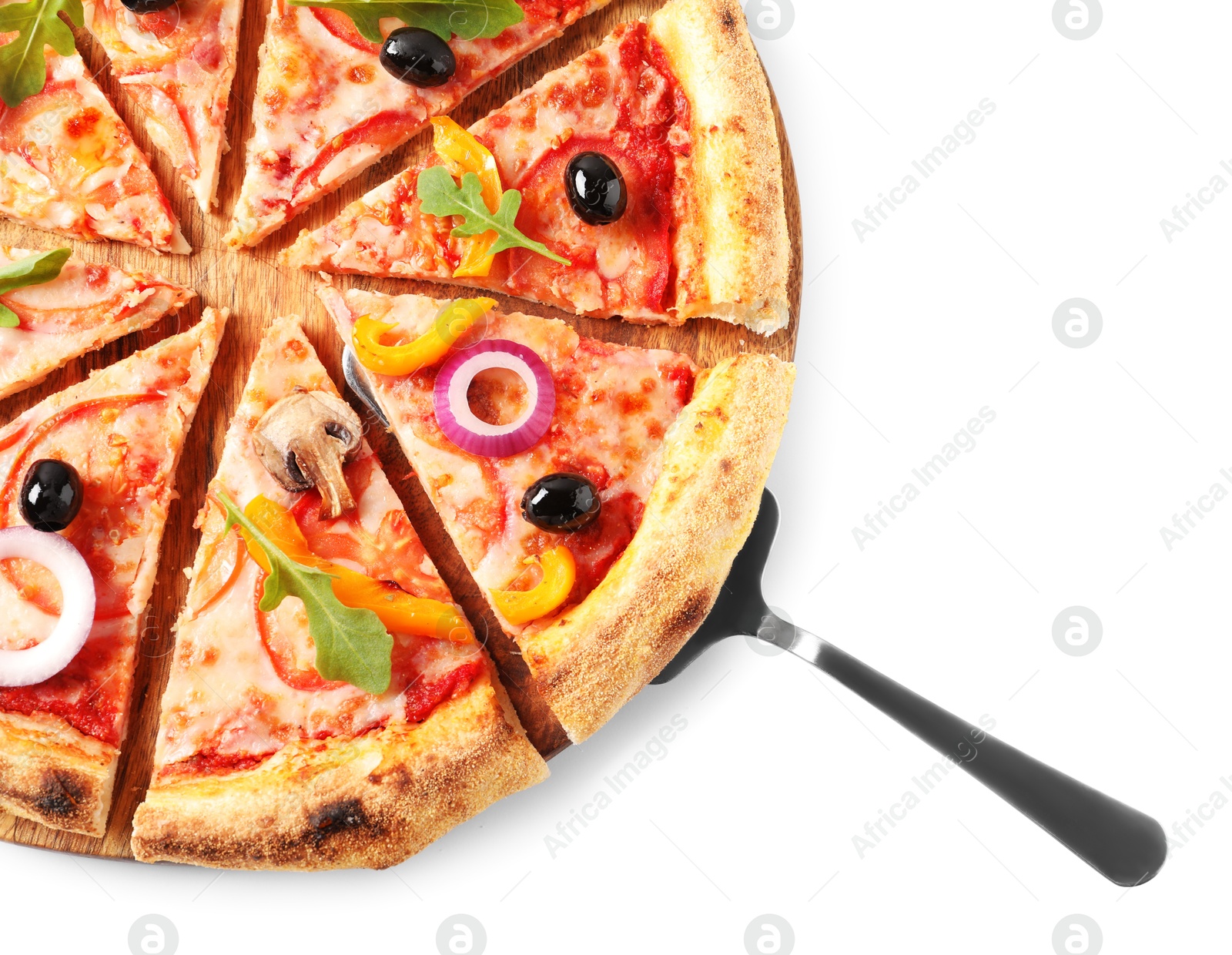 Photo of Cut delicious vegetarian pizza isolated on white, top view