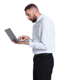 Man with poor posture using laptop on white background