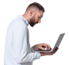 Man with poor posture using laptop on white background