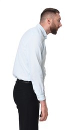 Photo of Man with poor posture on white background