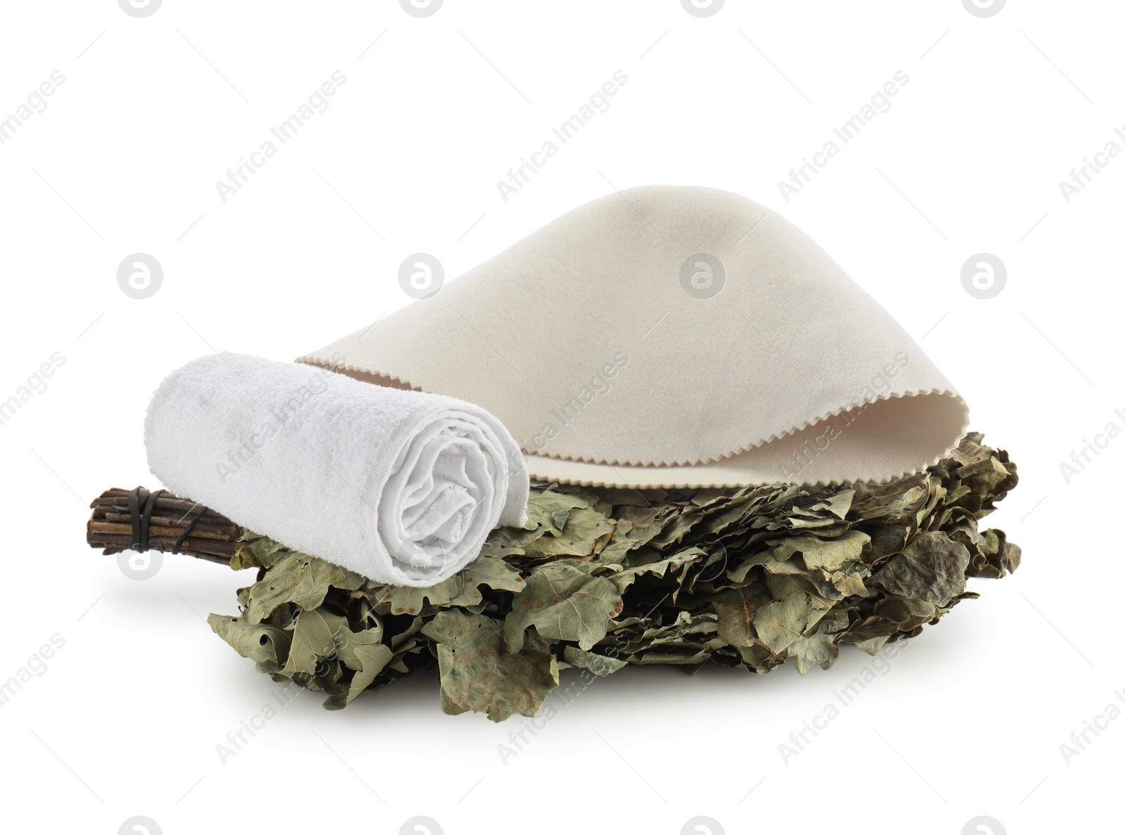 Photo of Sauna equipment. Felt wool hat, oak whisk and towel isolated on white