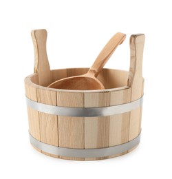 Photo of Sauna equipment. Wooden bucket and ladle isolated on white