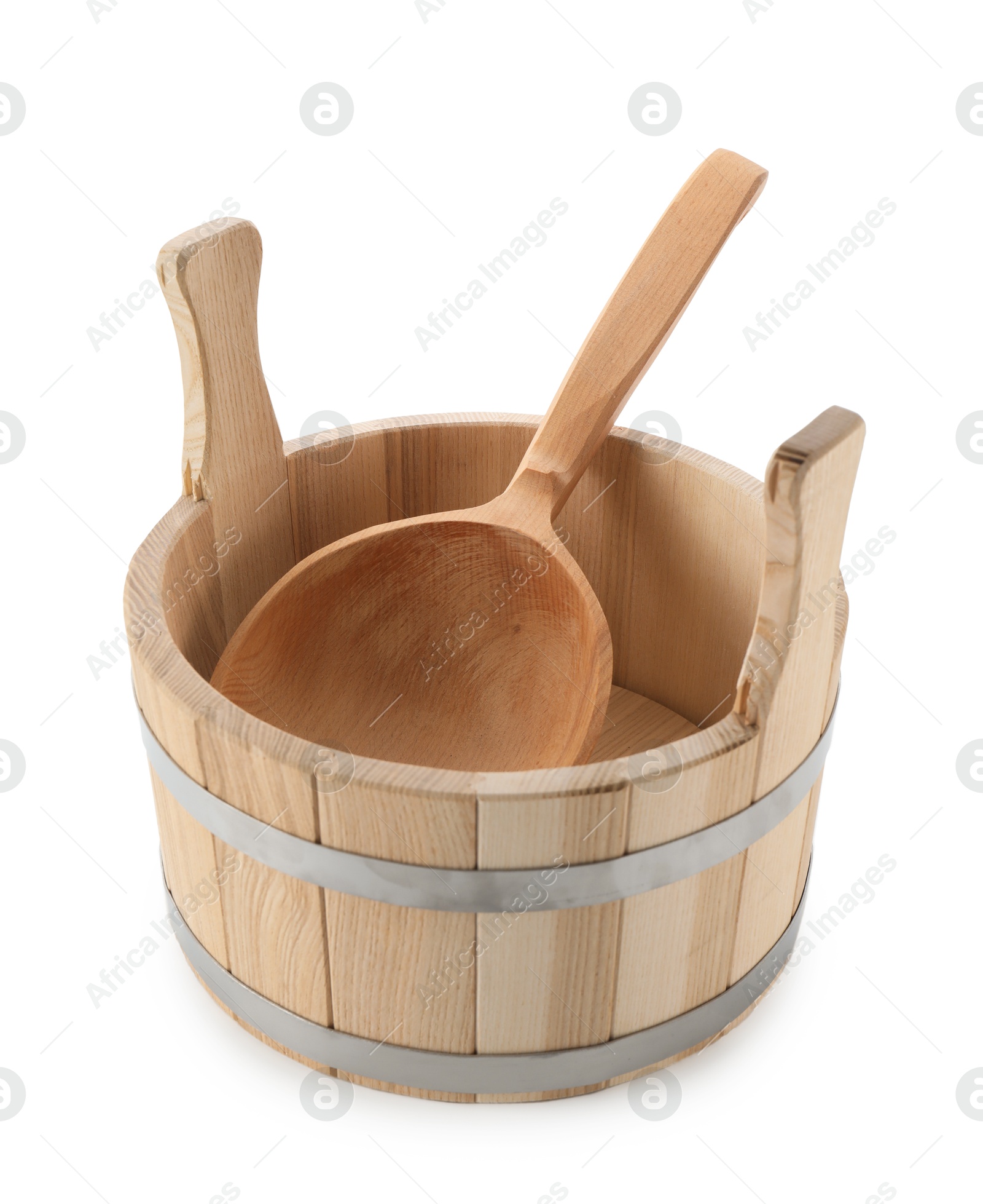 Photo of Sauna equipment. Wooden bucket and ladle isolated on white