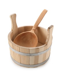 Photo of Sauna equipment. Wooden bucket and ladle isolated on white