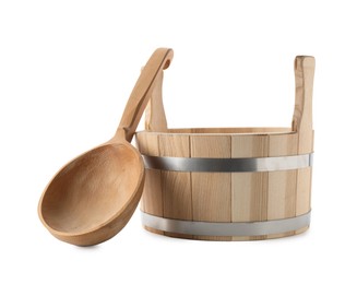 Photo of Sauna equipment. Wooden bucket and ladle isolated on white