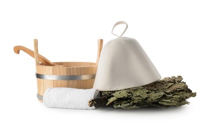 Photo of Sauna equipment. Wooden bucket with ladle, oak whisk, felt wool hat and towel isolated on white