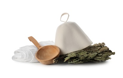 Sauna equipment. Felt wool hat, oak whisk, wooden ladle and towel isolated on white