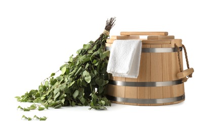 Sauna equipment. Wooden bucket, birch whisk and towel isolated on white