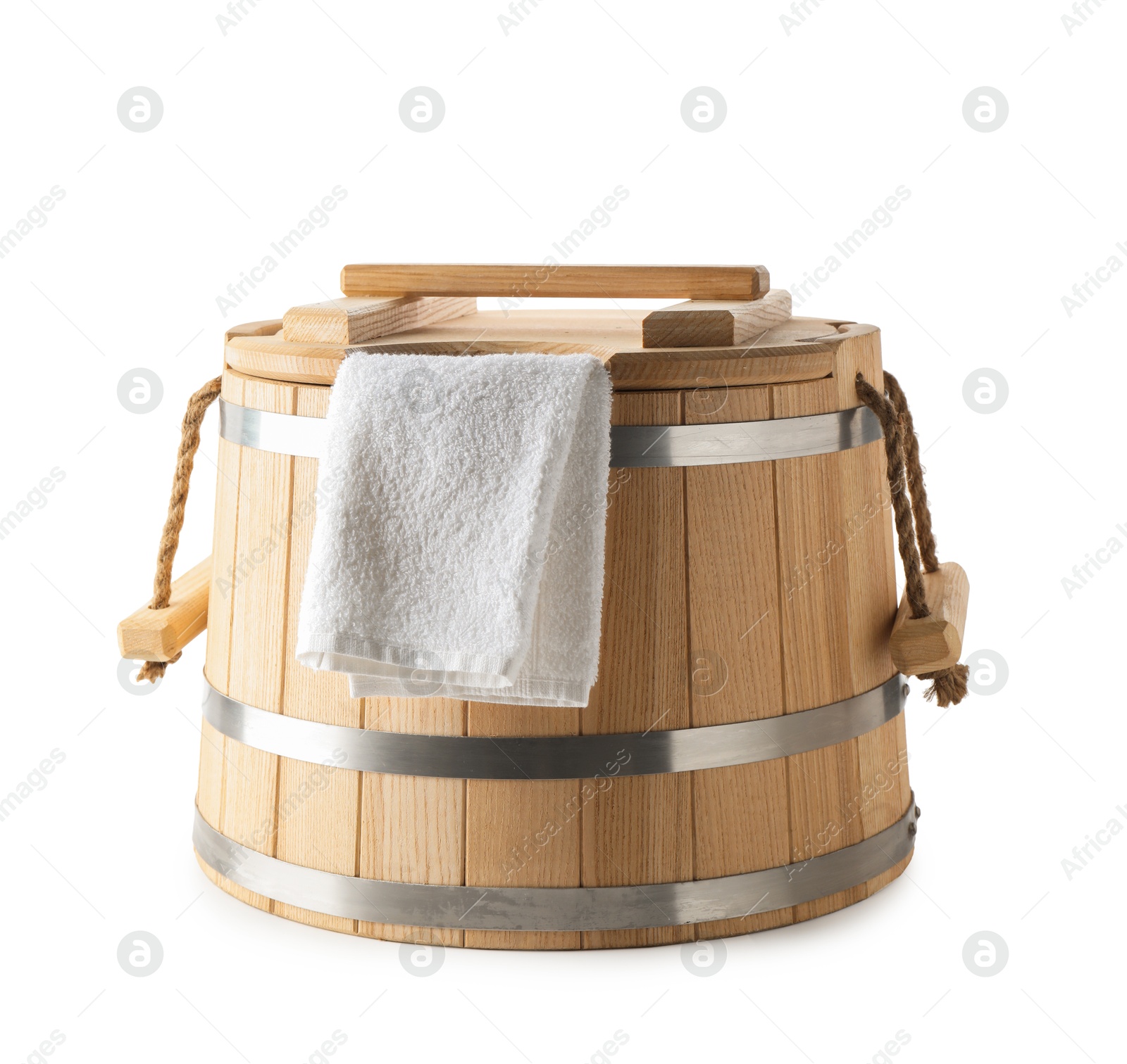 Photo of Sauna equipment. Wooden bucket and towel isolated on white