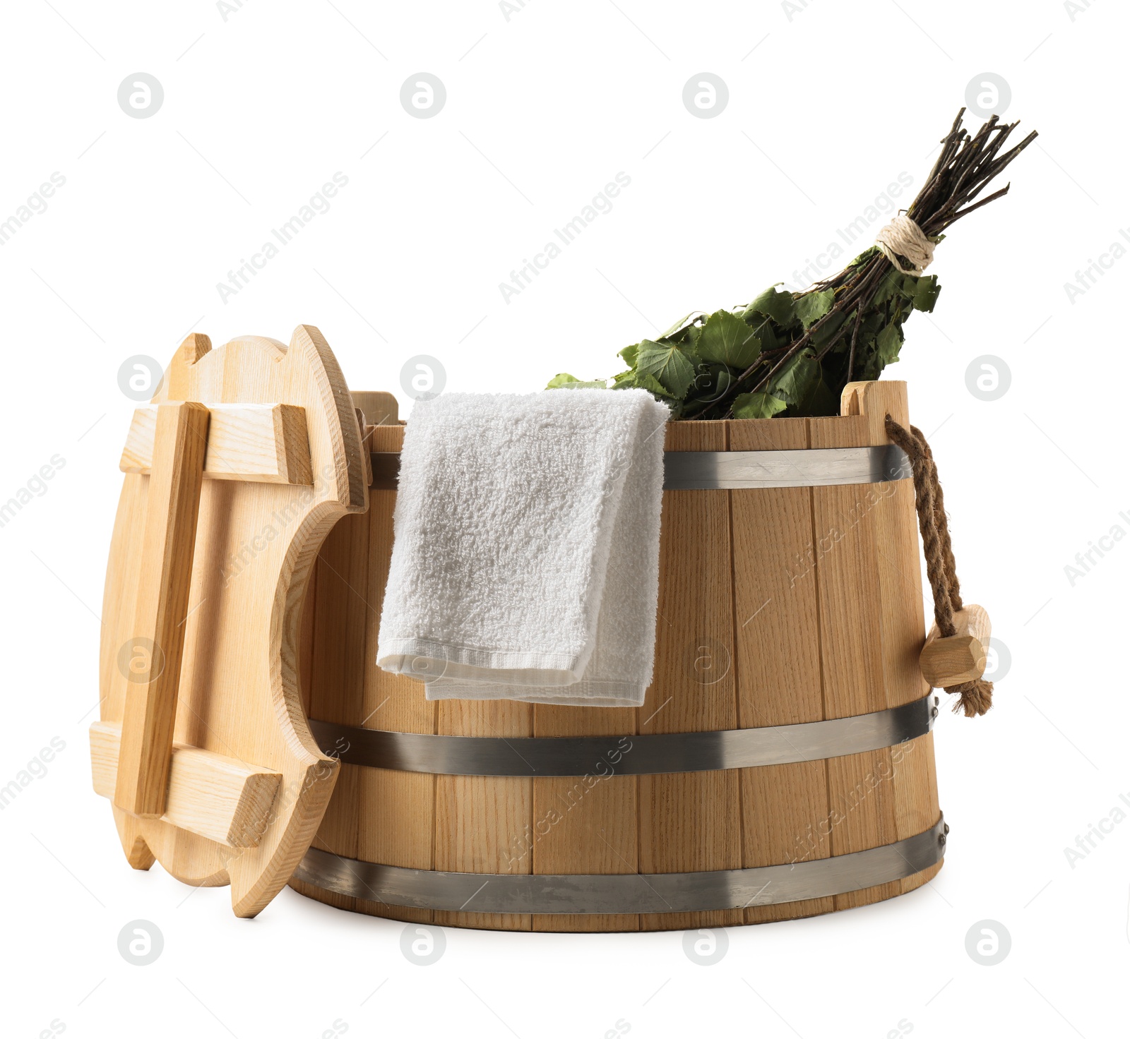 Photo of Sauna whisk and towel in bucket isolated on white