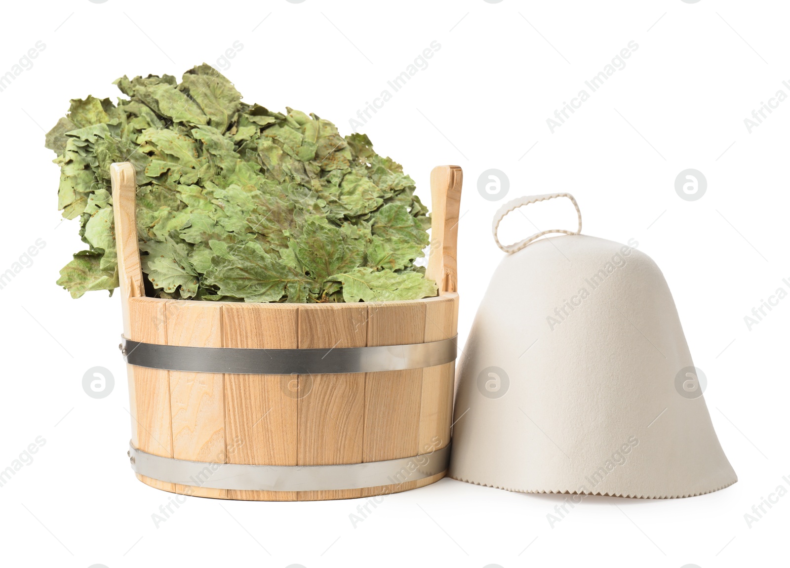 Photo of Sauna whisk in bucket and felt wool hat isolated on white