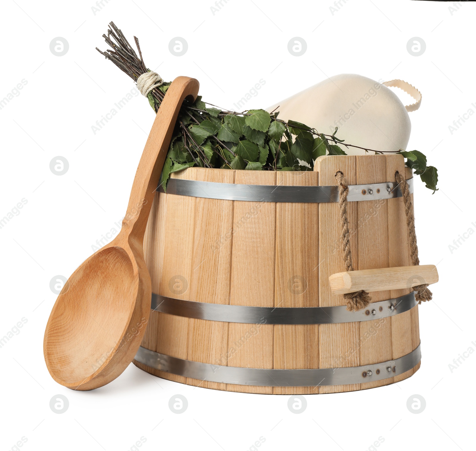 Photo of Sauna equipment. Wooden bucket, ladle, birch whisk and felt wool hat isolated on white