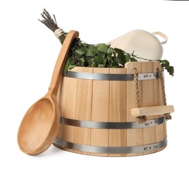 Photo of Sauna equipment. Wooden bucket, ladle, birch whisk and felt wool hat isolated on white