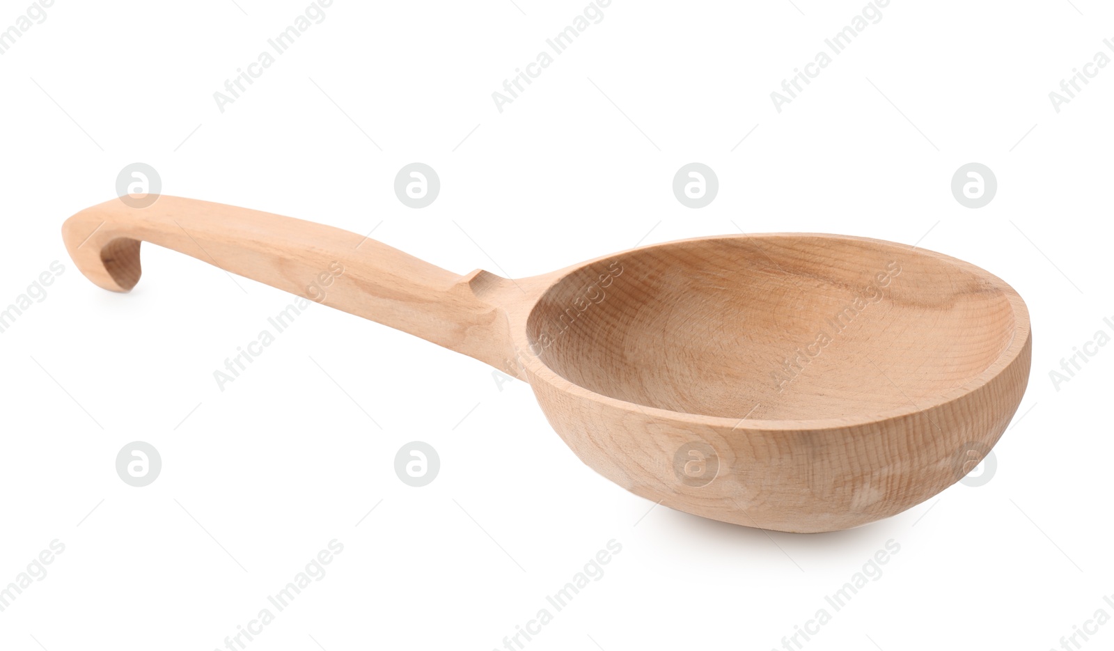 Photo of Sauna equipment. Wooden ladle isolated on white