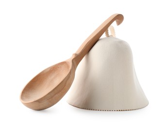 Sauna equipment. Felt wool hat and wooden ladle isolated on white