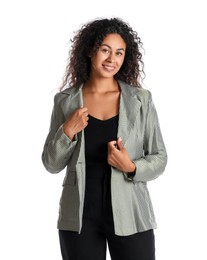 Photo of Beautiful woman in stylish jacket on white background